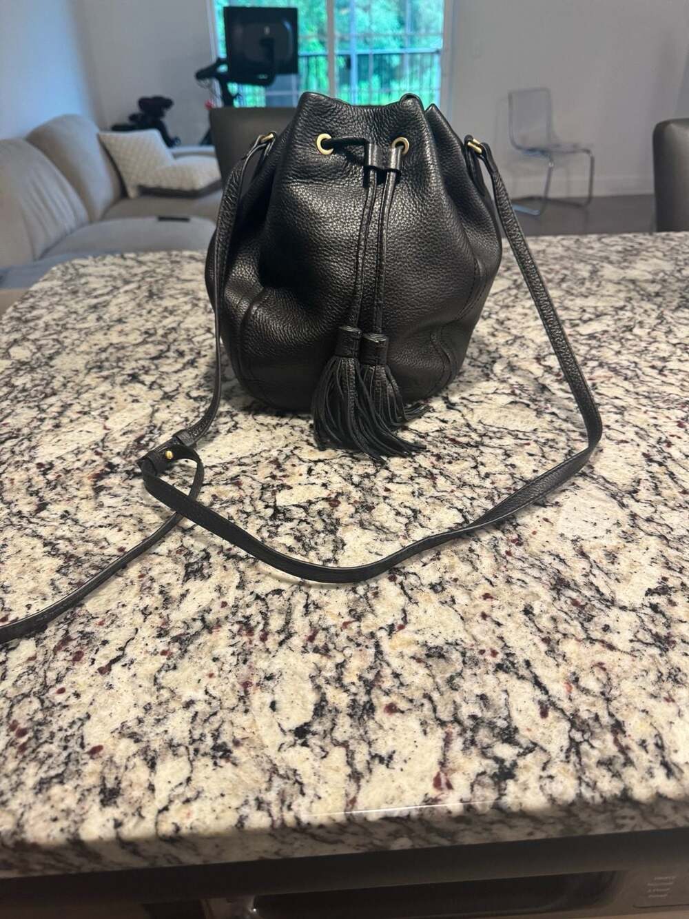 J.Crew Black Pebbled Leather Tassel Bucket Crossbody Shoulder Bag